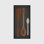 12×6 organiser with bamboo spatula, bamboo slotted spoon, silicone tongs — CharcoalBlack