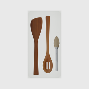 12×6 organiser with bamboo spatula, bamboo slotted spoon, silicone tongs — CottonWhite