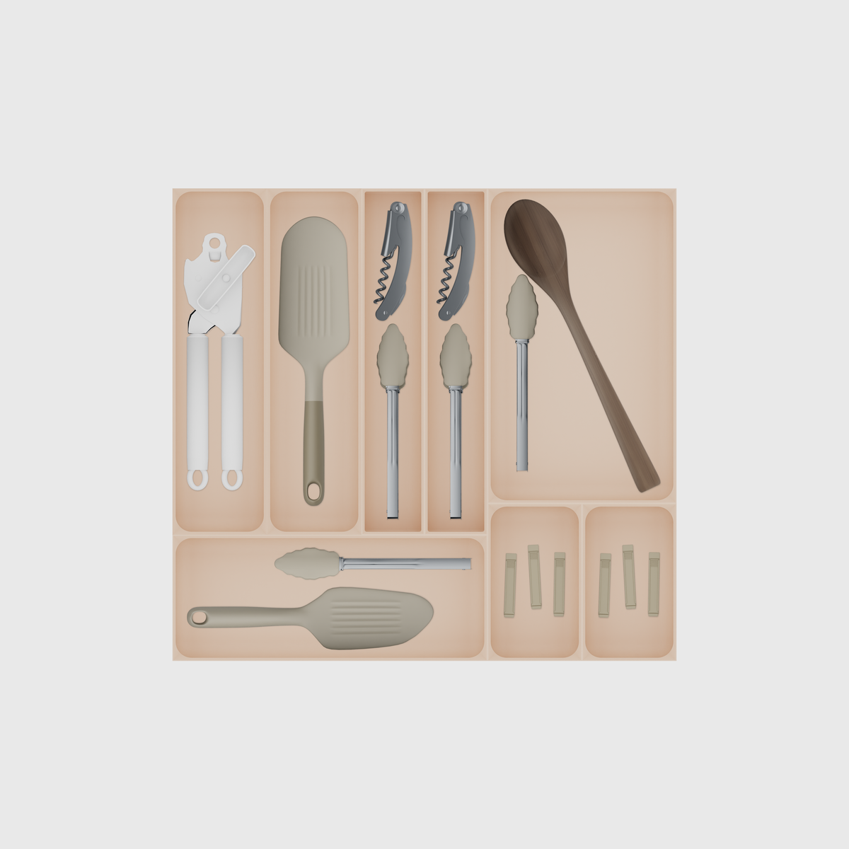 Maximiser Kitchen Tool Drawer Organiser Set – 442.5 × 472 mm in Army Beige, shown with a can opener, a slim spatula, a corkscrew and kitchen tongs and other small items. Top view.