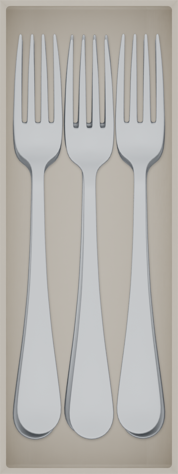 Medium cutlery organiser – 8×3 (236 × 88.5 mm) in Muted White, shown with 6 dinner forks. Top view.