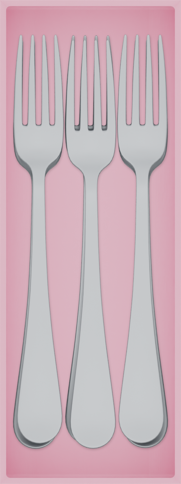 Medium cutlery organiser – 8×3 (236 × 88.5 mm) in Sakura Pink, shown with 6 dinner forks. Top view.