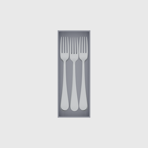 Medium cutlery organiser – 8×3 (236 × 88.5 mm) in Fossil Grey, shown with 6 dinner forks. Top view.