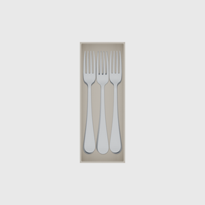 Medium cutlery organiser – 8×3 (236 × 88.5 mm) in Muted White, shown with 6 dinner forks. Top view.