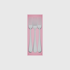 Medium cutlery organiser – 8×3 (236 × 88.5 mm) in Sakura Pink, shown with 6 dinner forks. Top view.