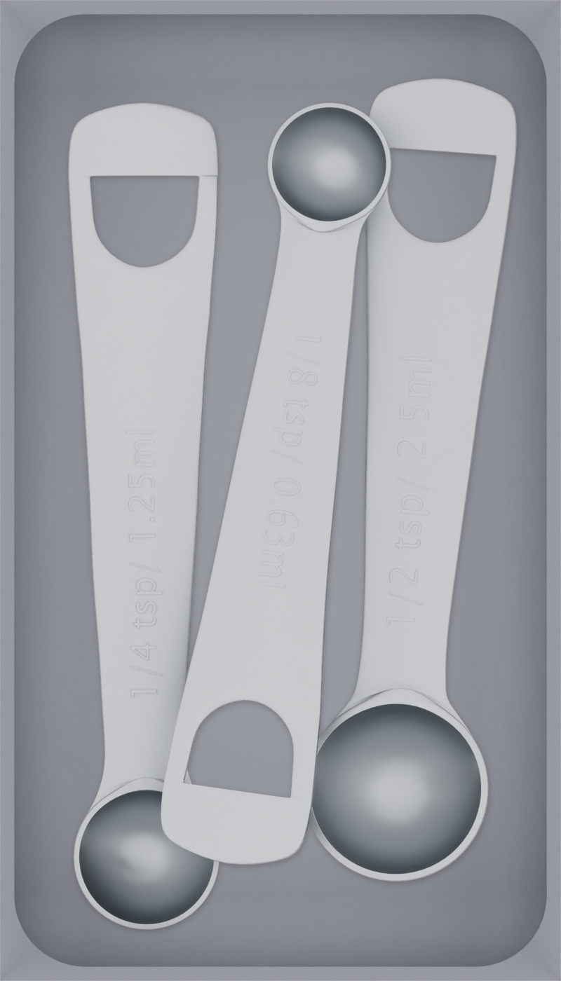 Medium tray organiser – 7×4 (206.5 × 118 mm) in Fossil Grey, shown with 3 measuring spoons. Top view.