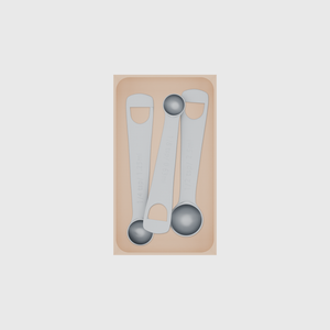 Medium tray organiser – 7×4 (206.5 × 118 mm) in Army Beige, shown with 3 measuring spoons. Top view.
