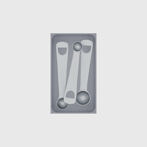 Medium tray organiser – 7×4 (206.5 × 118 mm) in Fossil Grey, shown with 3 measuring spoons. Top view.