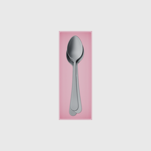 Medium cutlery organiser – 8×3 (236 × 88.5 mm) in Sakura Pink, shown with soup spoons. Top view.