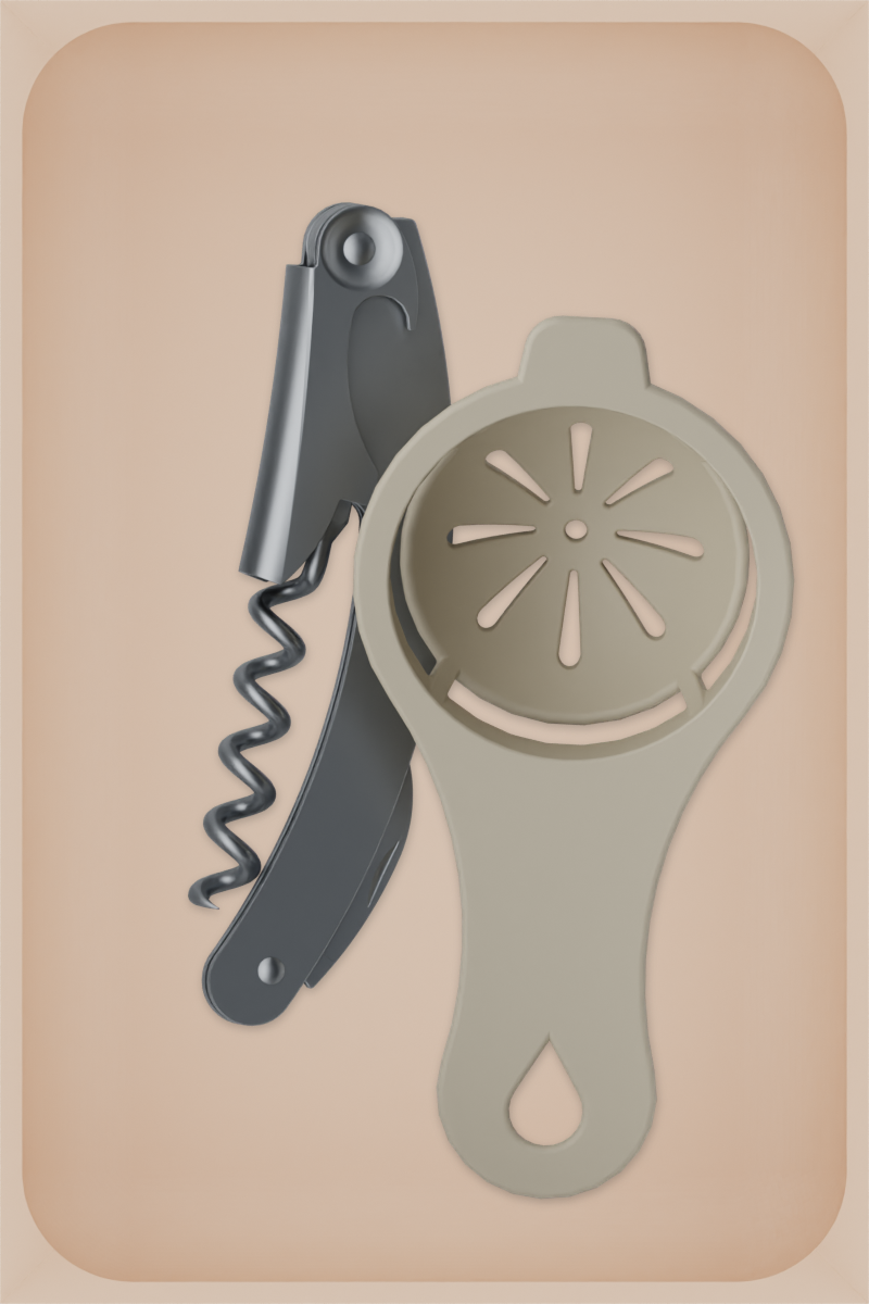 Medium tray organiser – 6×4 (177 × 118 mm) in Army Beige, shown with a corkscrew and egg separator. Top view.