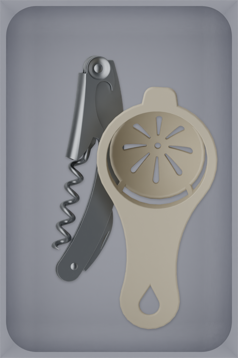 Medium tray organiser – 6×4 (177 × 118 mm) in Fossil Grey, shown with a corkscrew and egg separator. Top view.