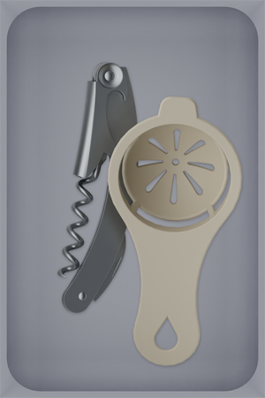 Medium tray organiser – 6×4 (177 × 118 mm) in Fossil Grey, shown with a corkscrew and egg separator. Top view.