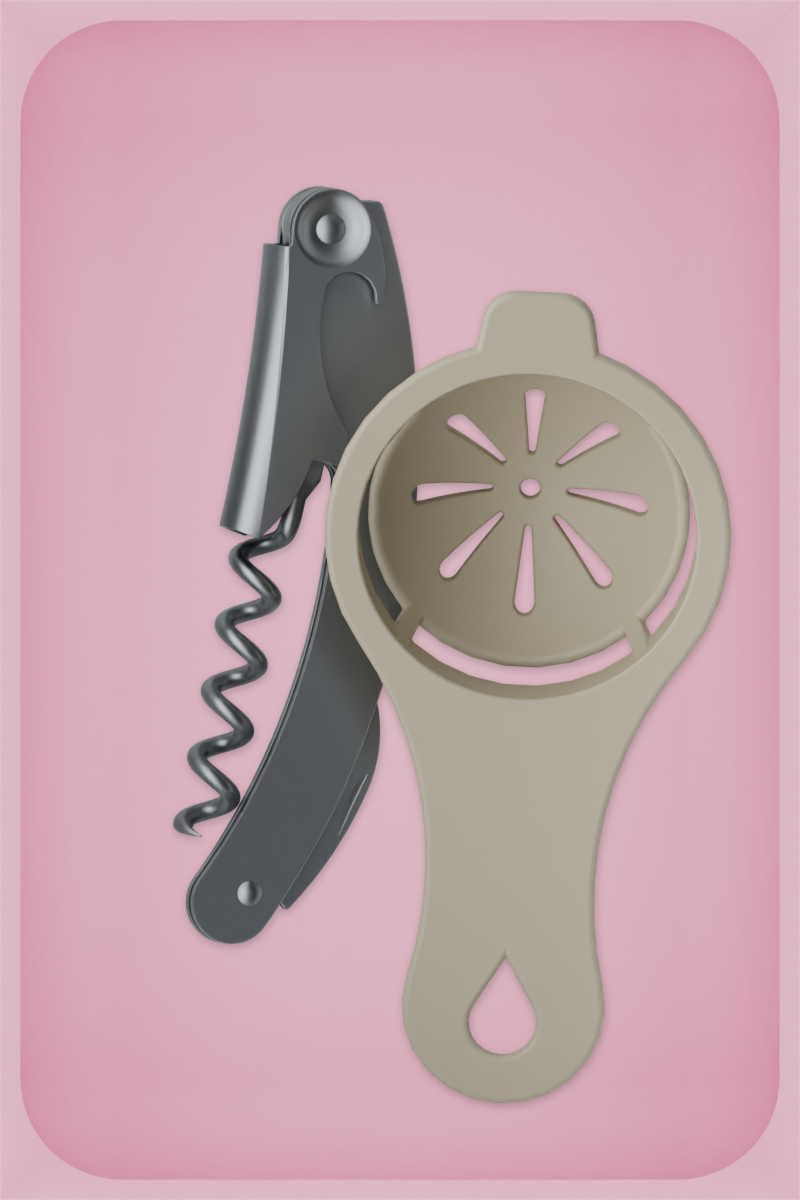 Medium tray organiser – 6×4 (177 × 118 mm) in Sakura Pink, shown with a corkscrew and egg separator. Top view.