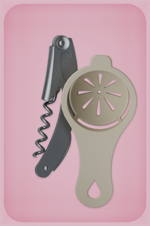 Medium tray organiser – 6×4 (177 × 118 mm) in Sakura Pink, shown with a corkscrew and egg separator. Top view.