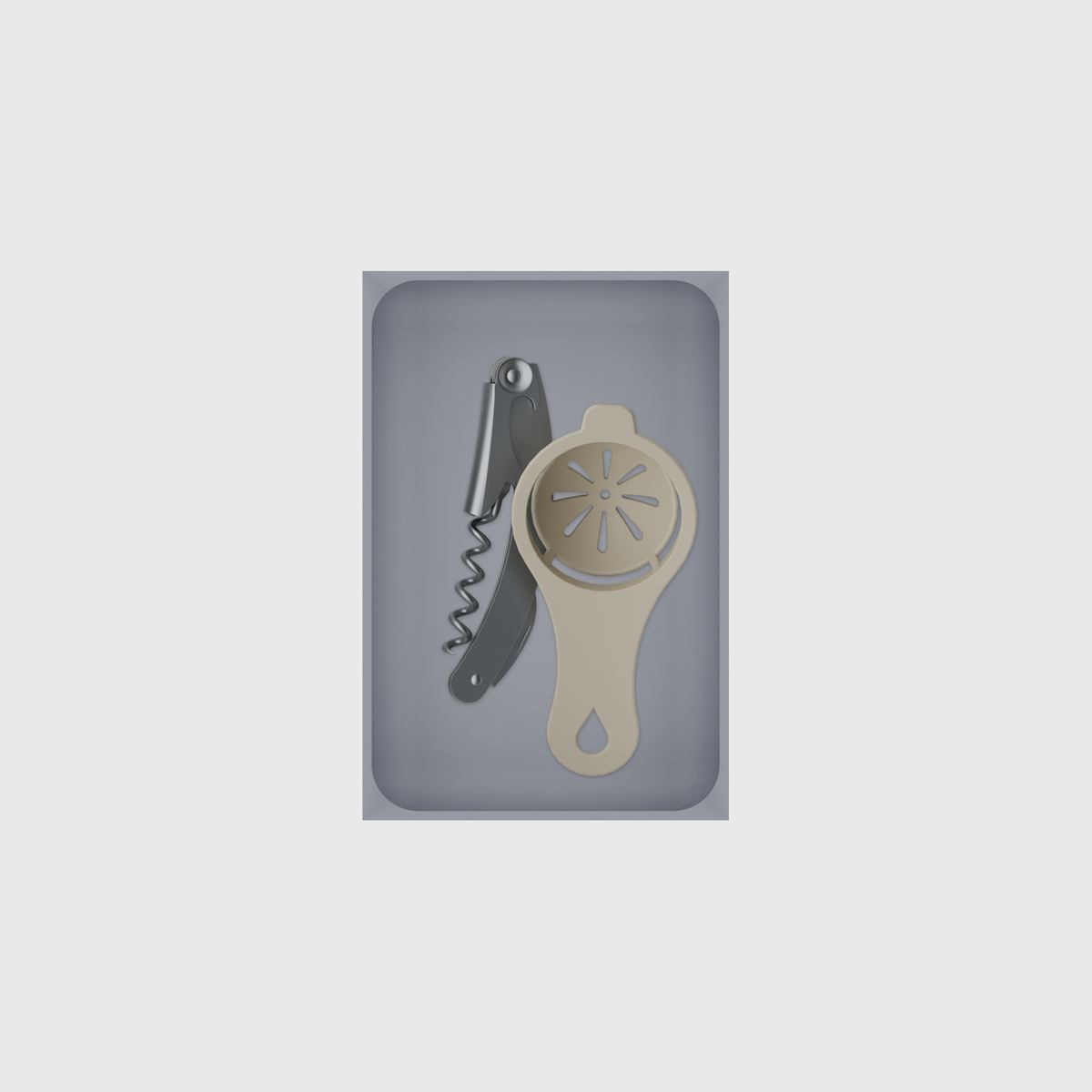Medium tray organiser – 6×4 (177 × 118 mm) in Fossil Grey, shown with a corkscrew and egg separator. Top view.