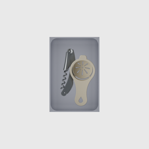 Medium tray organiser – 6×4 (177 × 118 mm) in Fossil Grey, shown with a corkscrew and egg separator. Top view.