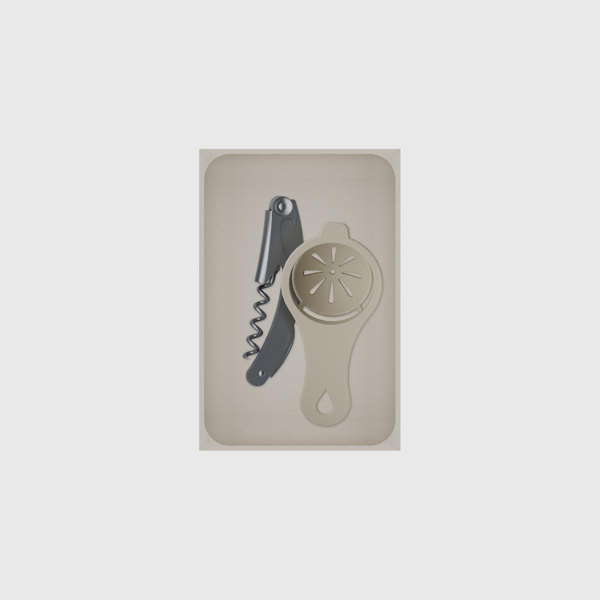 Medium tray organiser – 6×4 (177 × 118 mm) in Muted White, shown with a corkscrew and egg separator. Top view.