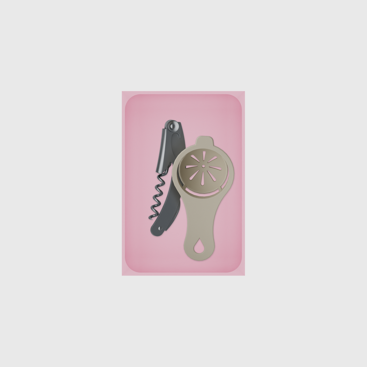 Medium tray organiser – 6×4 (177 × 118 mm) in Sakura Pink, shown with a corkscrew and egg separator. Top view.