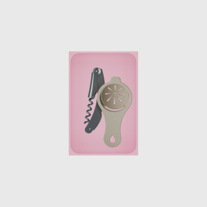 Medium tray organiser – 6×4 (177 × 118 mm) in Sakura Pink, shown with a corkscrew and egg separator. Top view.