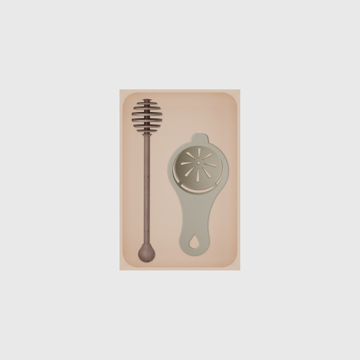 Medium tray organiser – 6×4 (177 × 118 mm) in Army Beige, shown with a honey dipper and egg separator. Top view.