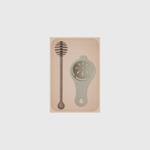 Medium tray organiser – 6×4 (177 × 118 mm) in Army Beige, shown with a honey dipper and egg separator. Top view.