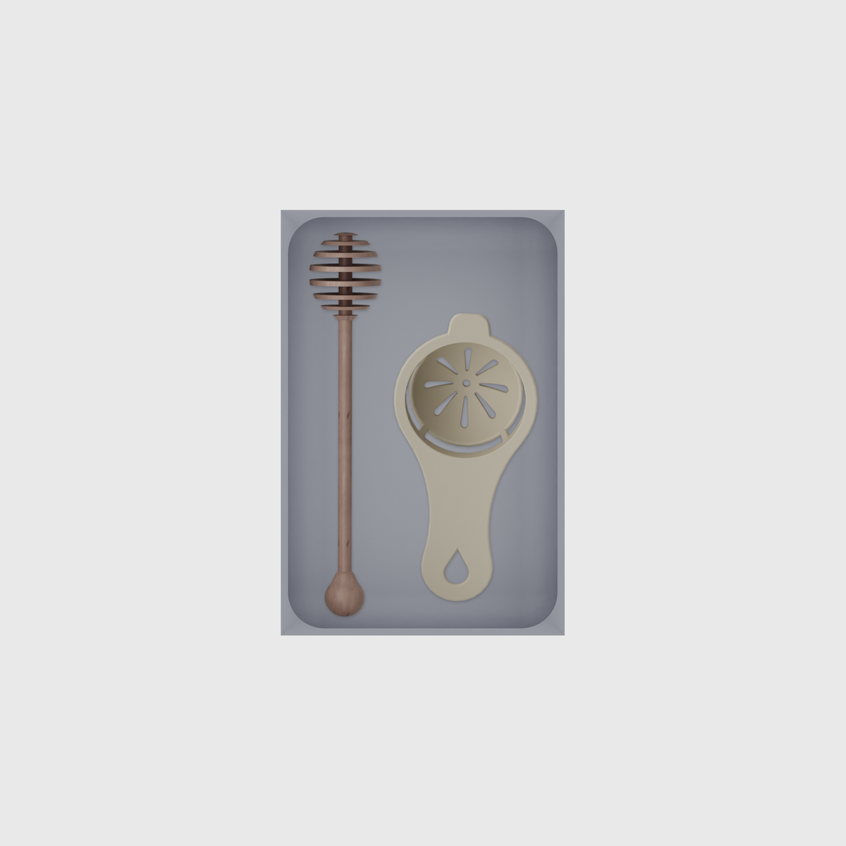 Medium tray organiser – 6×4 (177 × 118 mm) in Fossil Grey, shown with a honey dipper and egg separator. Top view.