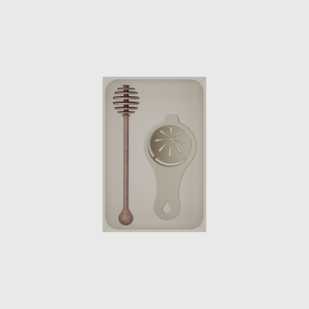 Medium tray organiser – 6×4 (177 × 118 mm) in Muted White, shown with a honey dipper and egg separator. Top view.