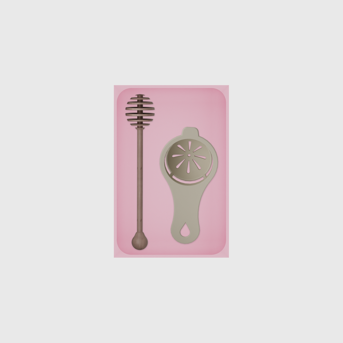 Medium tray organiser – 6×4 (177 × 118 mm) in Sakura Pink, shown with a honey dipper and egg separator. Top view.