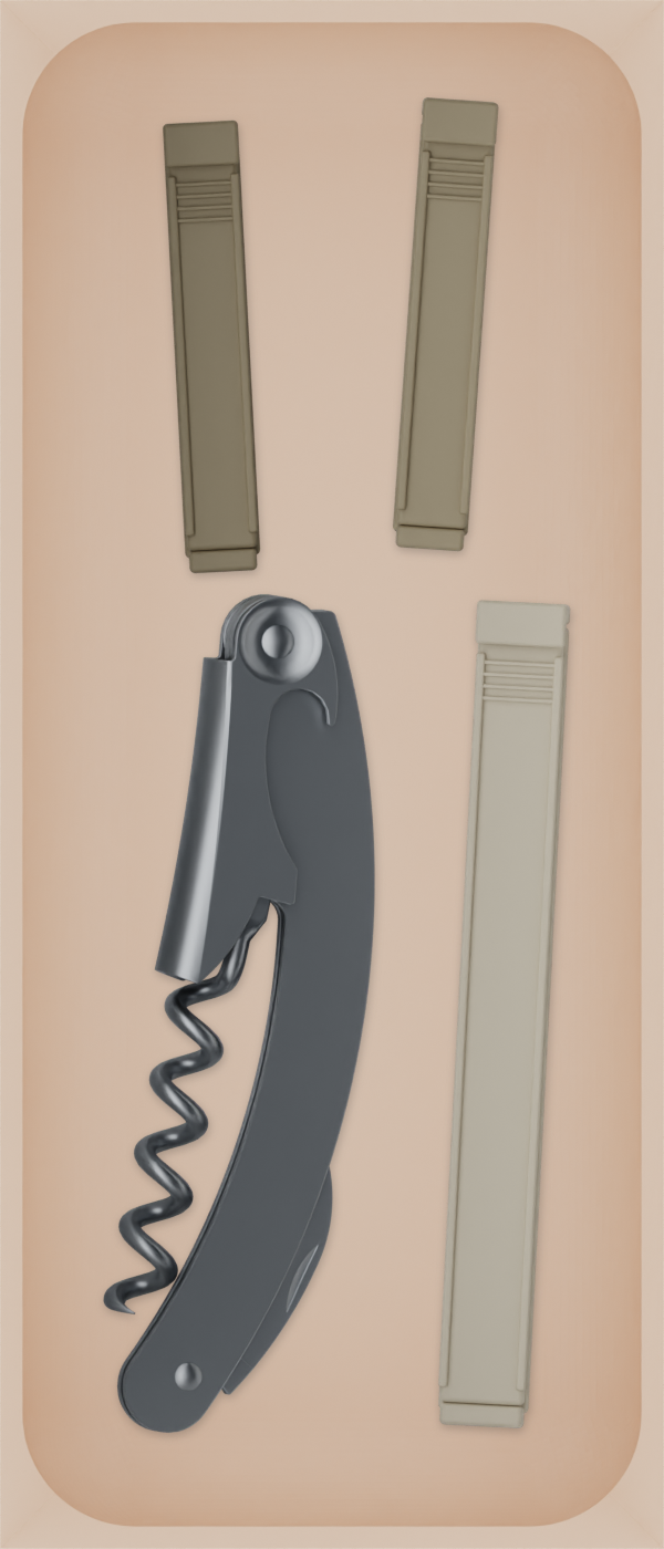 Medium tray organiser – 7×3 (206.5 × 88.5 mm) in Army Beige, shown with a corkscrew and sealing clips. Top view.