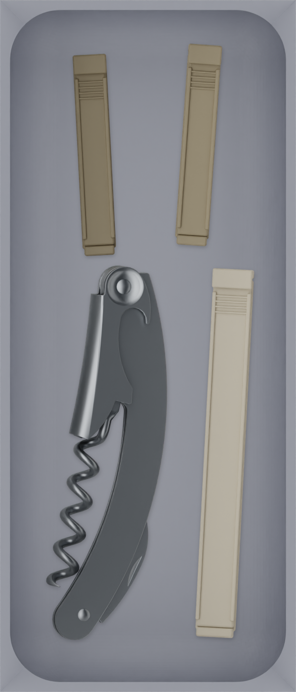 Medium tray organiser – 7×3 (206.5 × 88.5 mm) in Fossil Grey, shown with a corkscrew and sealing clips. Top view.
