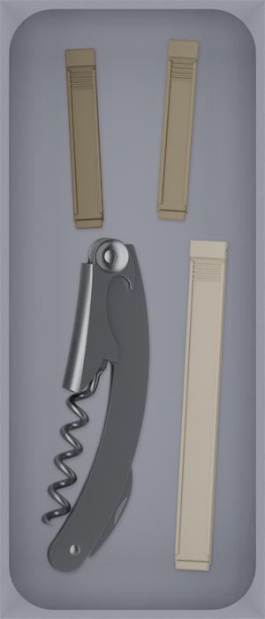 Medium tray organiser – 7×3 (206.5 × 88.5 mm) in Fossil Grey, shown with a corkscrew and sealing clips. Top view.