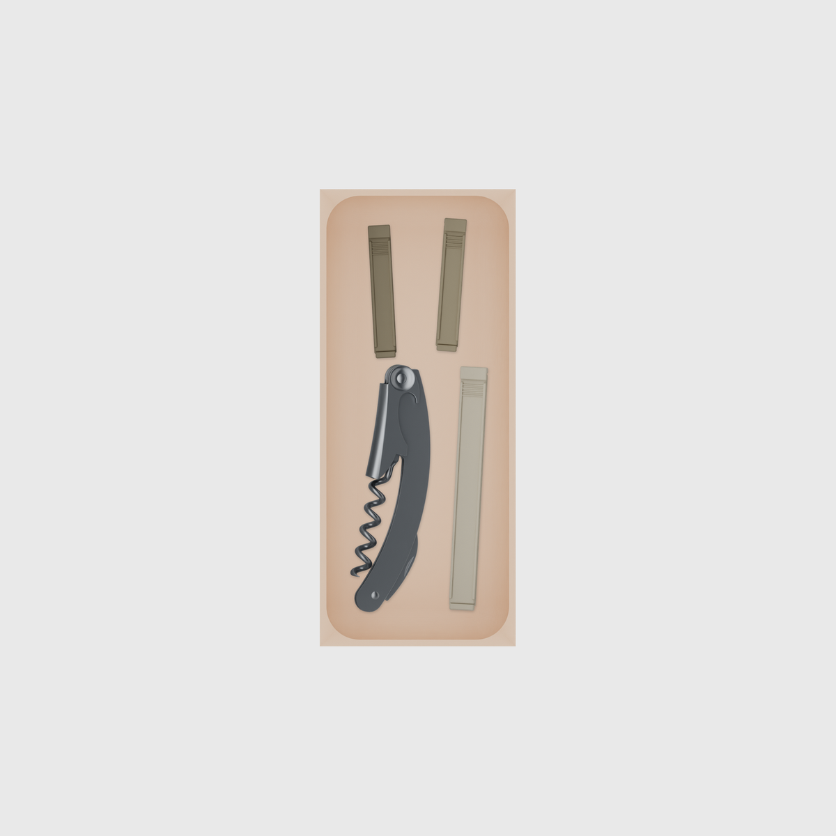 Medium tray organiser – 7×3 (206.5 × 88.5 mm) in Army Beige, shown with a corkscrew and sealing clips. Top view.