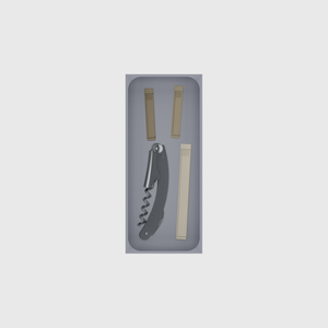 Medium tray organiser – 7×3 (206.5 × 88.5 mm) in Fossil Grey, shown with a corkscrew and sealing clips. Top view.