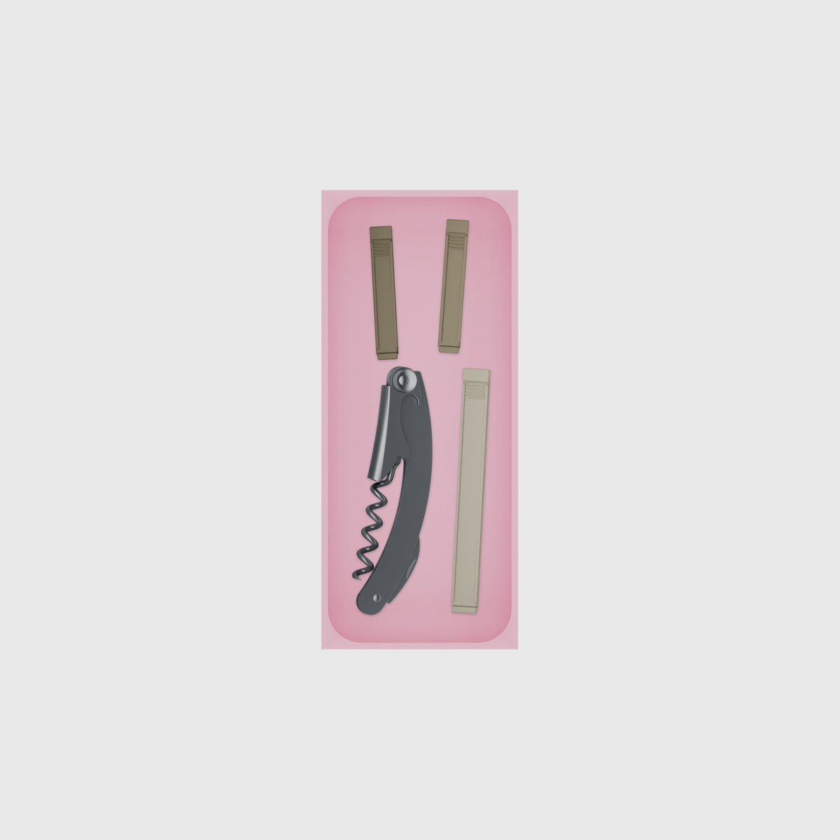 Medium tray organiser – 7×3 (206.5 × 88.5 mm) in Sakura Pink, shown with a corkscrew and sealing clips. Top view.