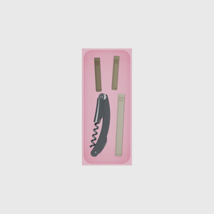 Medium tray organiser – 7×3 (206.5 × 88.5 mm) in Sakura Pink, shown with a corkscrew and sealing clips. Top view.