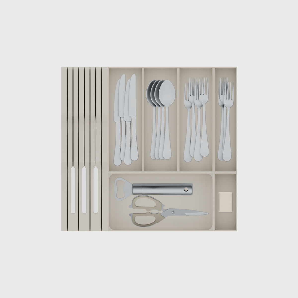 Mid-Depth Cutlery & Chef Knife Drawer Organiser Set – 442.5 × 413 mm in Muted White, shown with 3 kitchen knives, 4 dinner knives, 4 soup spoons and other small items. Top view.