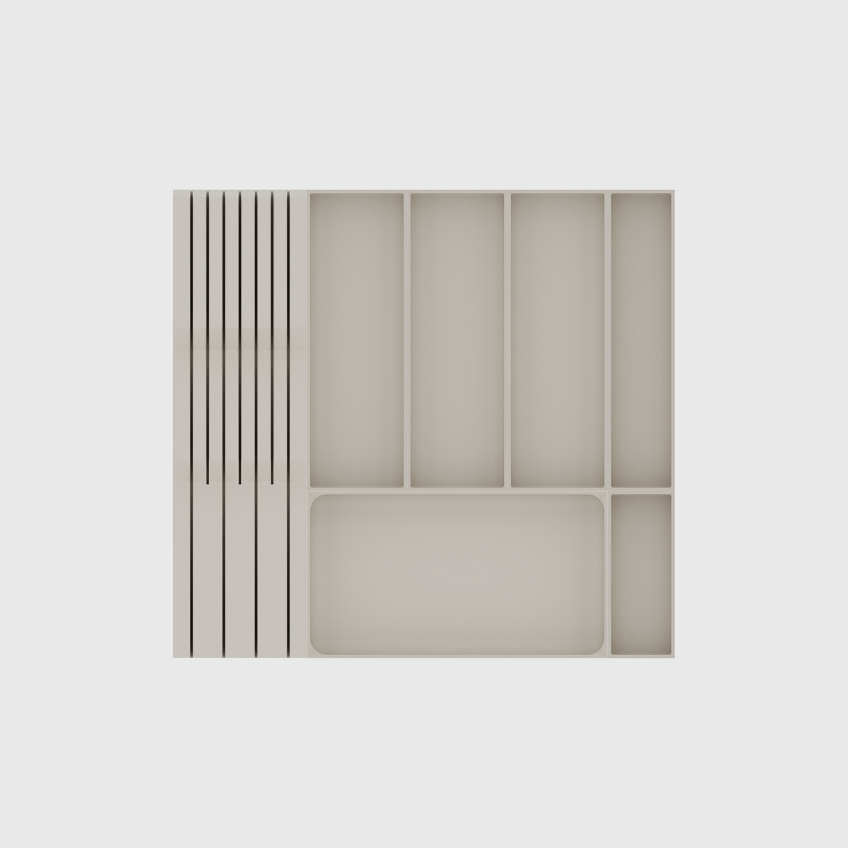 Mid-Depth Cutlery & Chef Knife Drawer Organiser Set – 442.5 × 413 mm in Muted White, empty organiser layout.