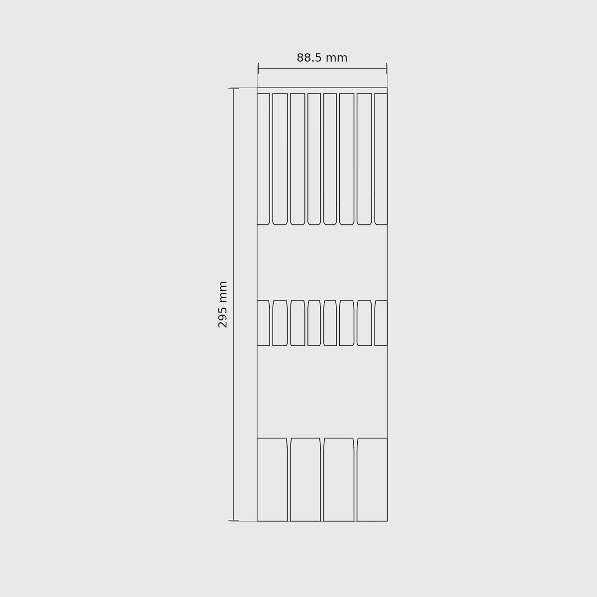 10 × 3 module plan with outside dimensions 295 × 88.5 mm.