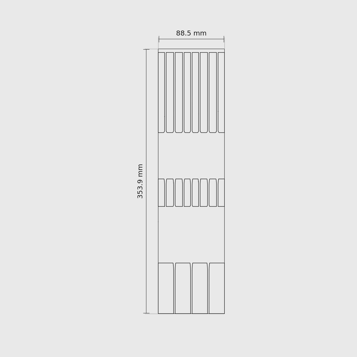 12 × 3 module plan with outside dimensions 353.9 × 88.5 mm.