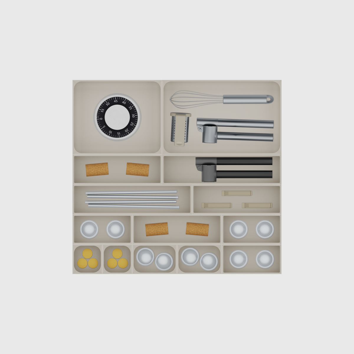 Multi-Tray Drawer Organiser Set – 383.5 × 413 mm in Muted White, shown with a kitchen timer, a garlic press, whisk and other kitchen tools, wine corks and other small items. Top view.