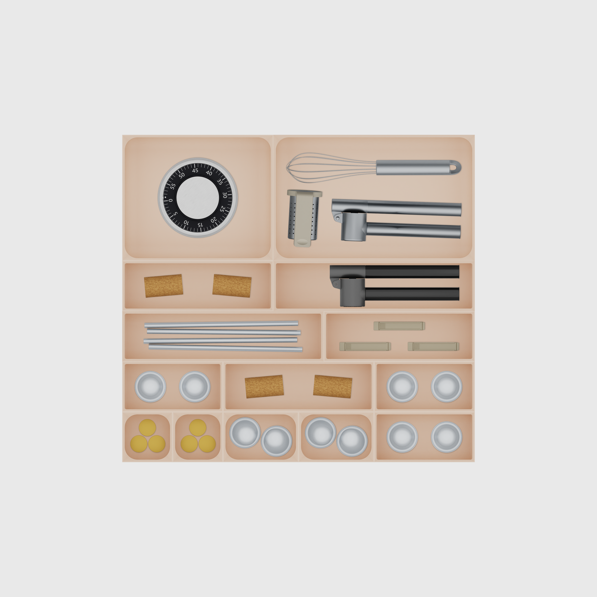 Multi-Tray Drawer Organiser Set – 383.5 × 413 mm in Army Beige, shown with a kitchen timer, a garlic press, whisk and other kitchen tools, wine corks and other small items. Top view.