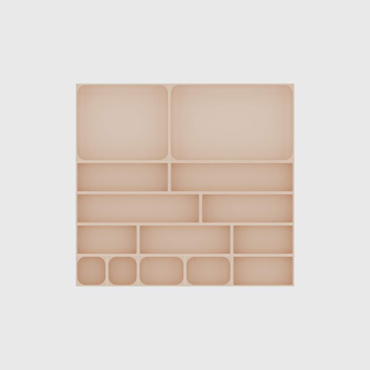 Multi-Tray Drawer Organiser Set – 383.5 × 413 mm in Army Beige, empty organiser layout.