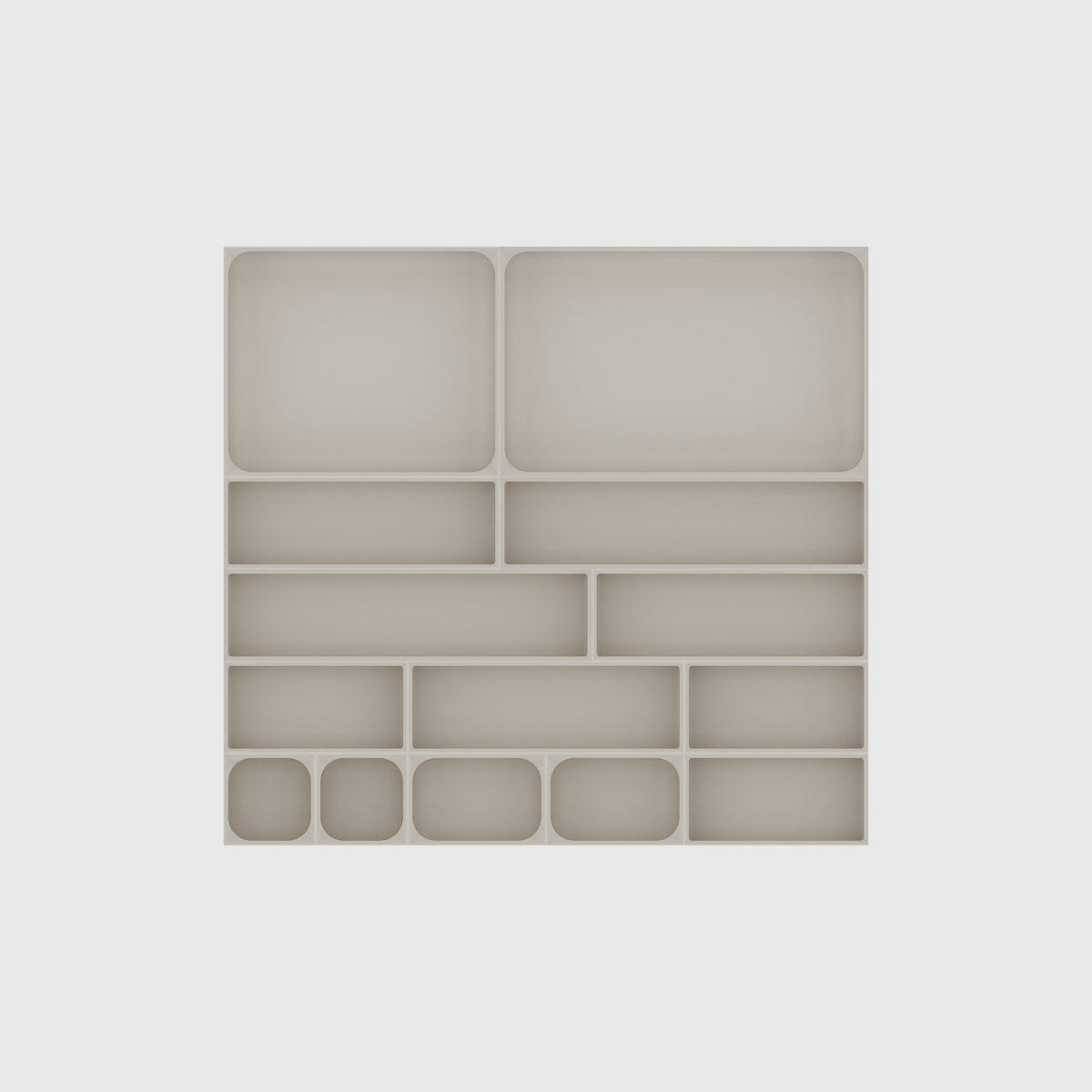 Multi-Tray Drawer Organiser Set – 383.5 × 413 mm in Muted White, empty organiser layout.