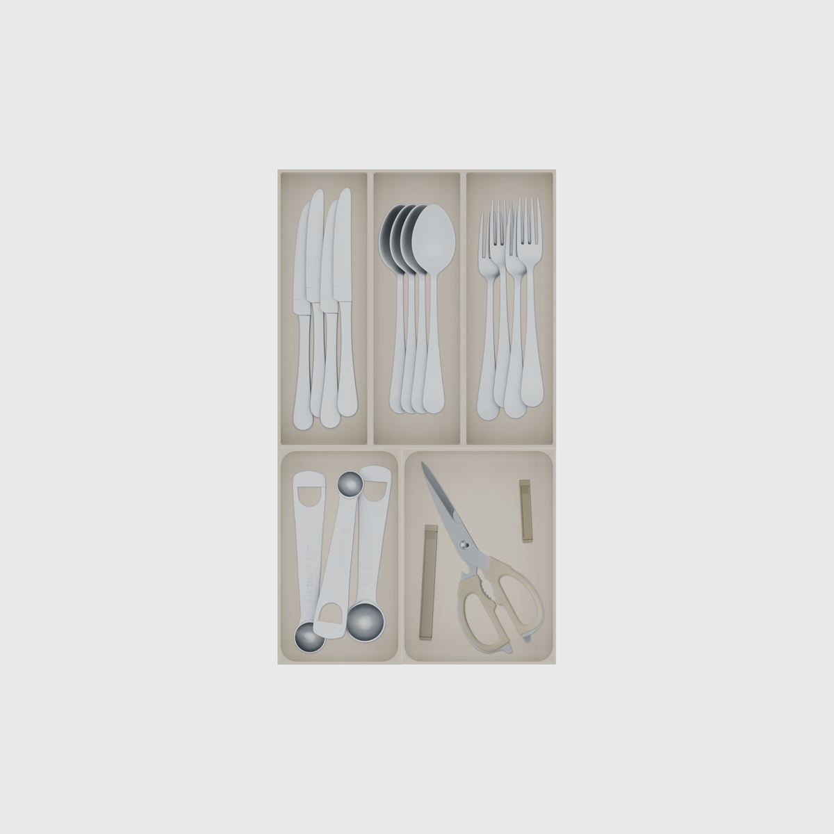 Narrow Cutlery & Kitchen Tools Drawer Organiser Set – 265.5 × 472 mm in Muted White, shown with 4 dinner knives, 4 soup spoons, 4 dinner forks and other small items. Top view.