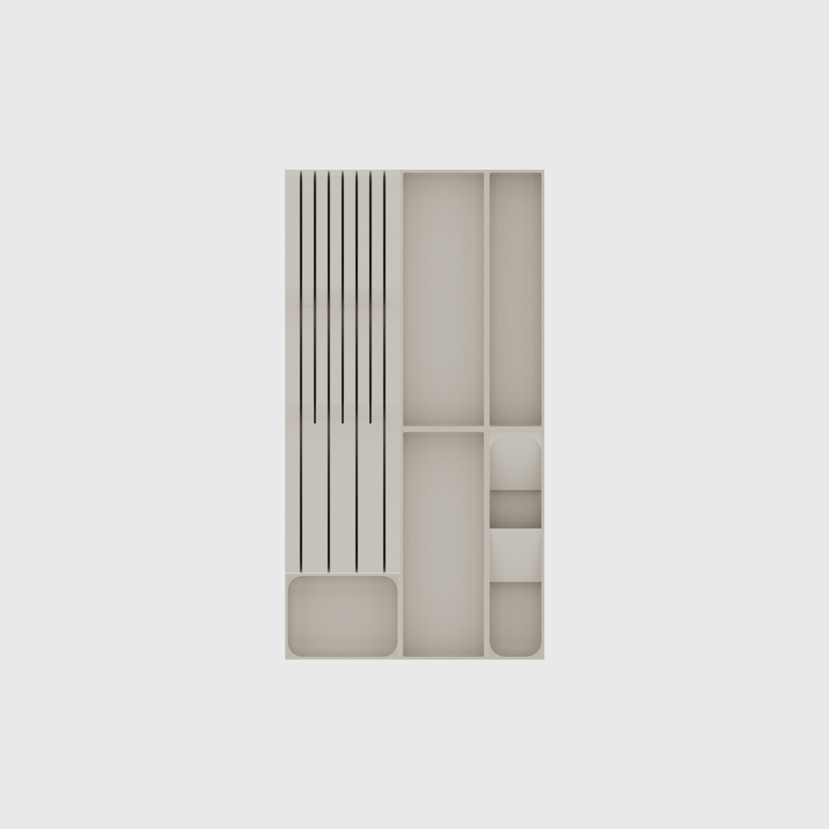 Narrow Cutlery & Chef Knife Drawer Organiser Set – 265.5 × 501.5 mm in Muted White, empty organiser layout.