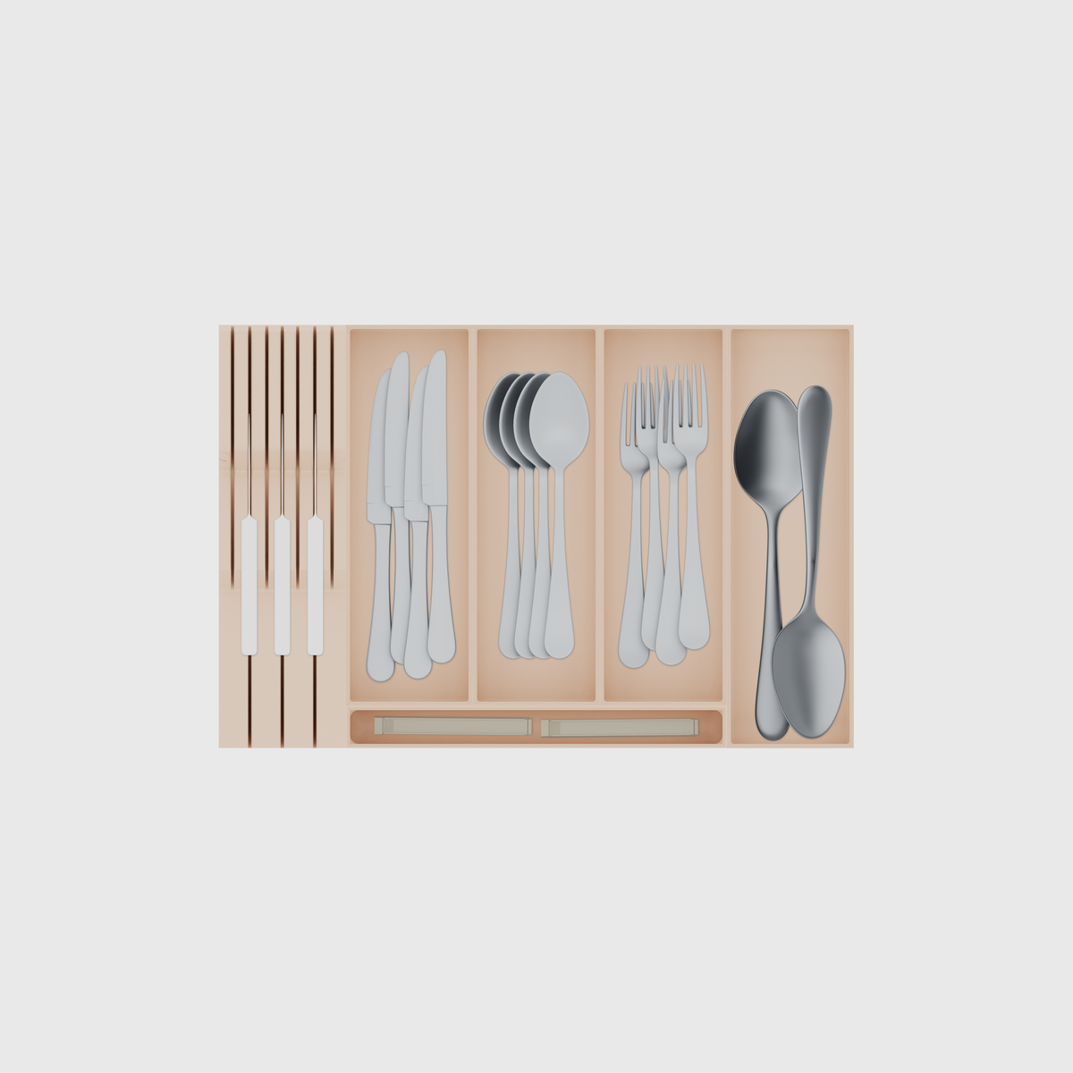 Shallow Cutlery & Knife Drawer Organiser Set – 442.5 × 295 mm in Army Beige, shown with 3 kitchen knives, 4 dinner knives, 4 soup spoons and other small items. Top view.