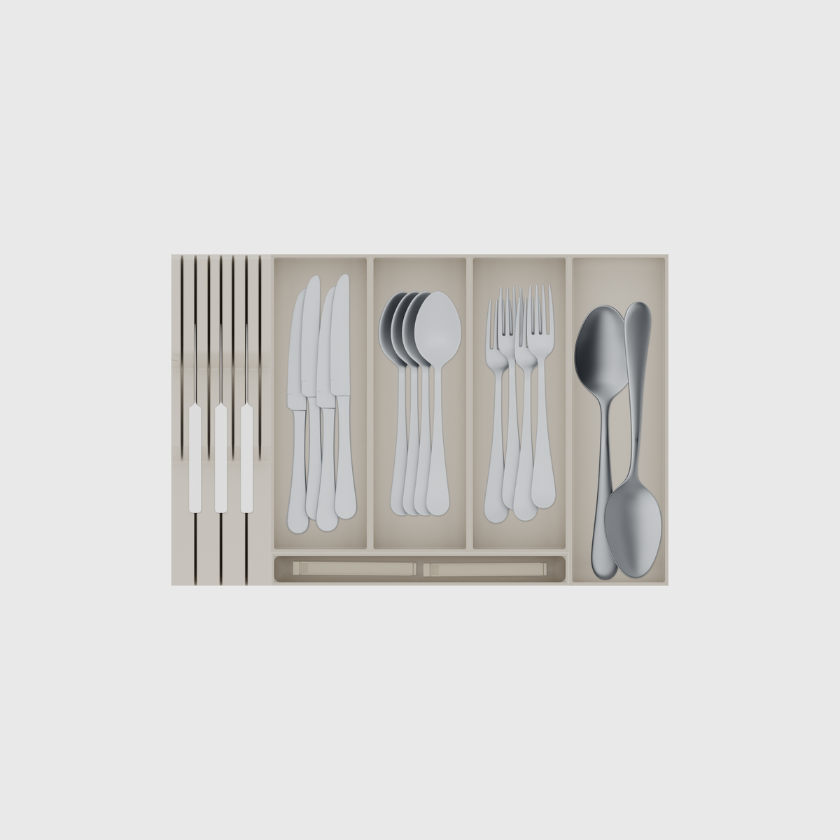 Shallow Cutlery & Knife Drawer Organiser Set – 442.5 × 295 mm in Muted White, shown with 3 kitchen knives, 4 dinner knives, 4 soup spoons and other small items. Top view.