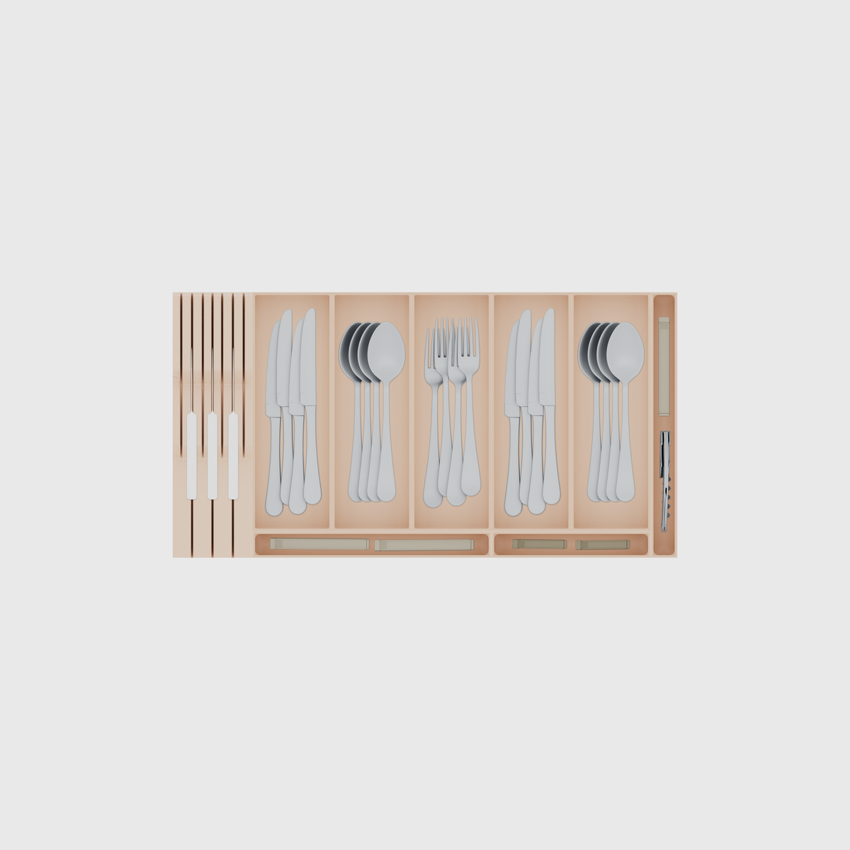 Shallow Family Cutlery & Knife Drawer Organiser Set – 560.5 × 295 mm in Army Beige, shown with 3 kitchen knives, 4 dinner knives, 4 soup spoons and other small items. Top view.