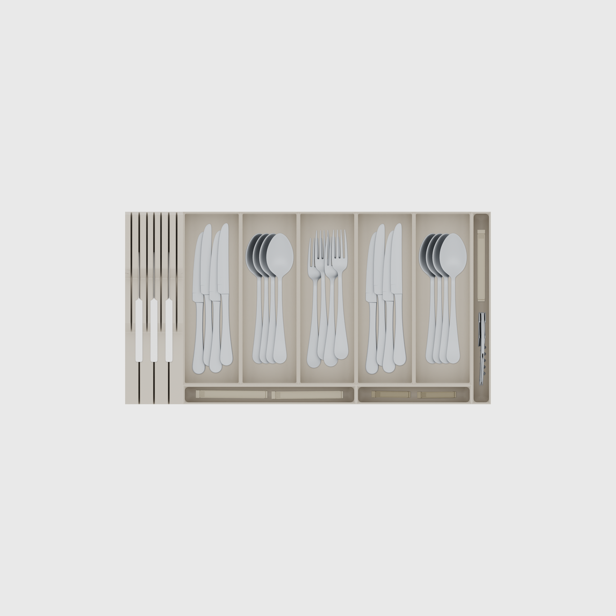 Shallow Family Cutlery & Knife Drawer Organiser Set – 560.5 × 295 mm in Muted White, shown with 3 kitchen knives, 4 dinner knives, 4 soup spoons and other small items. Top view.
