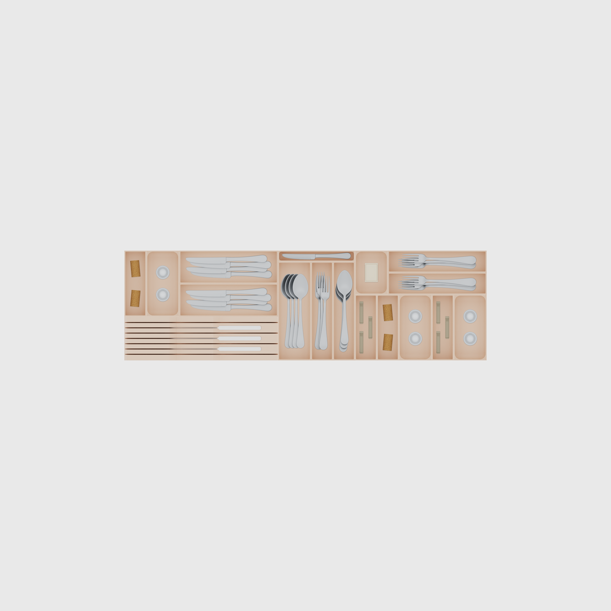 Shallow One-Metre Cutlery & Chef Knife Drawer Organiser Set – 973.5 × 295 mm in Army Beige, shown with wine corks, coffee capsules, 4 dinner knives and other small items. Top view.