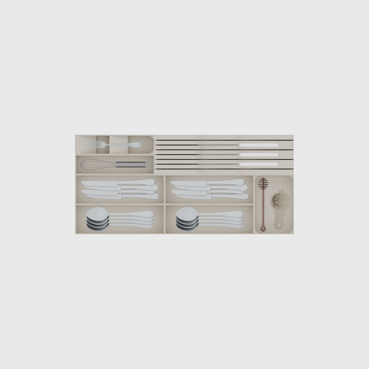 Shallow Wide Cutlery & Chef Knives Drawer Organiser Set – 649 × 295 mm in Muted White, shown with a dessert fork, a whisk, 3 kitchen knives and other small items. Top view.